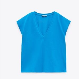 Blue drop neck cotton tshirt